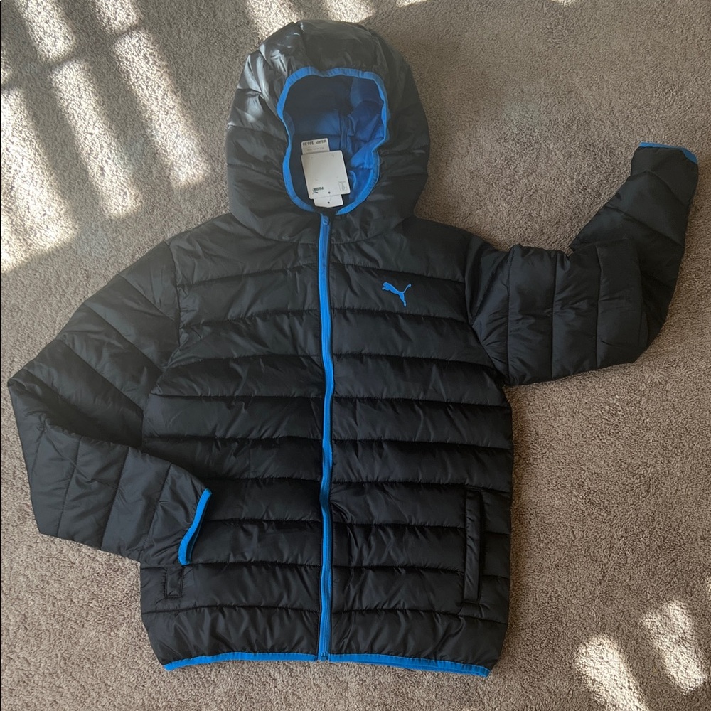 Puma Black Puffer Jacket with Blue Trim
